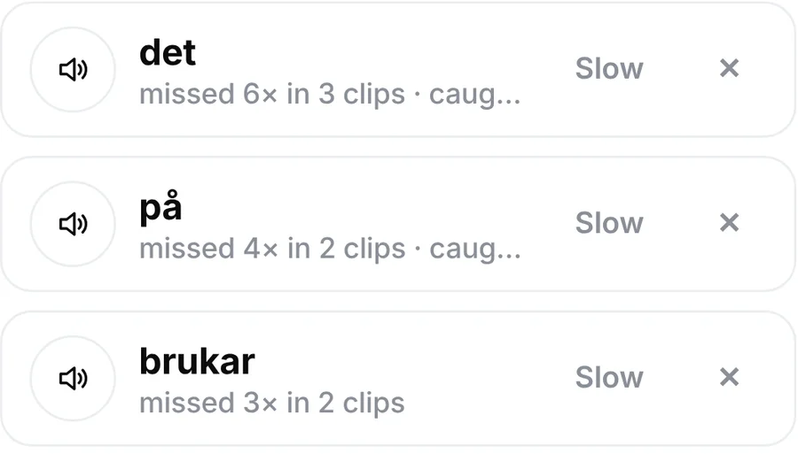 Kuulo's list of words you keep missing, each with a play button.